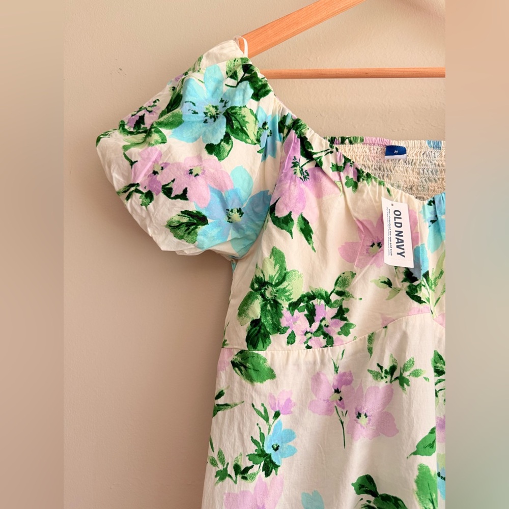 NWT Old‎ Navy Womens Ivory Green Purple Floral Puff Sleeve Mini Dress MEDIUM - Picture 4 of 14